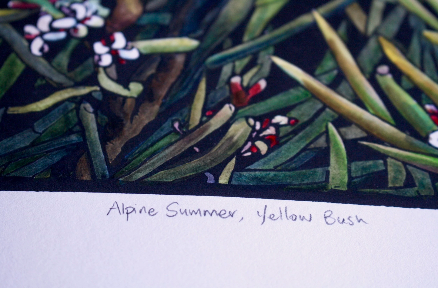 ‘Alpine Summer, Yellow Bush’ - original handpainted linoprint artwork by Grace Gladdish (framed)