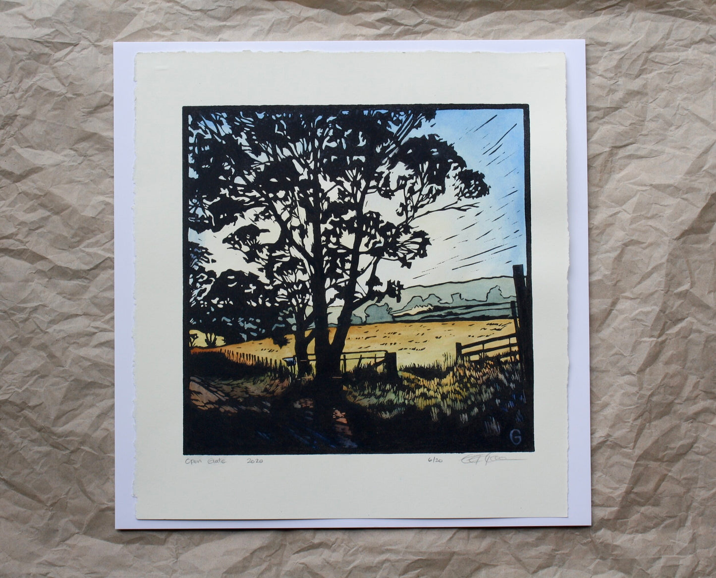 Artwork 'Open Gate' Hand Painted Lino Print by Grace Gladdish - framed