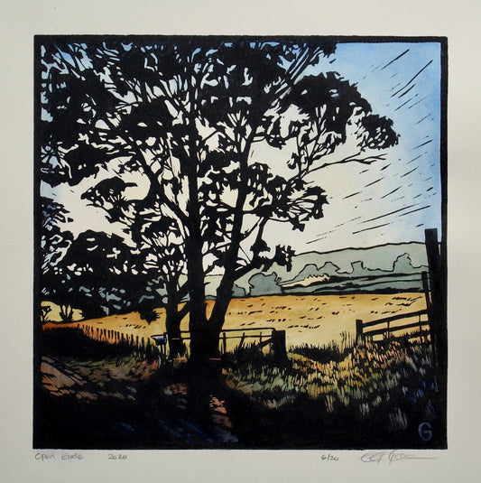 Artwork 'Open Gate' Hand Painted Lino Print by Grace Gladdish - framed