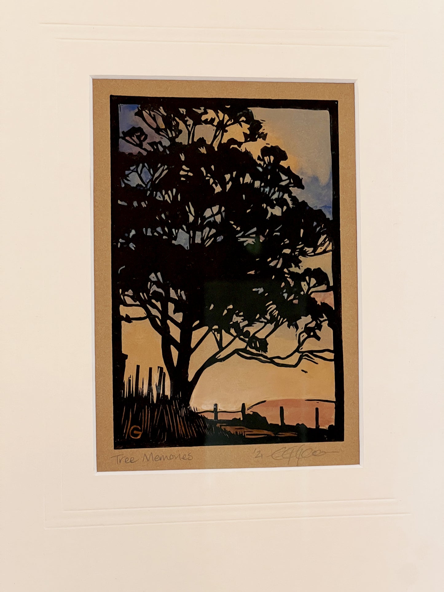 Artwork 'Tree Memories' Hand Painted Lino Print by Grace Gladdish - framed