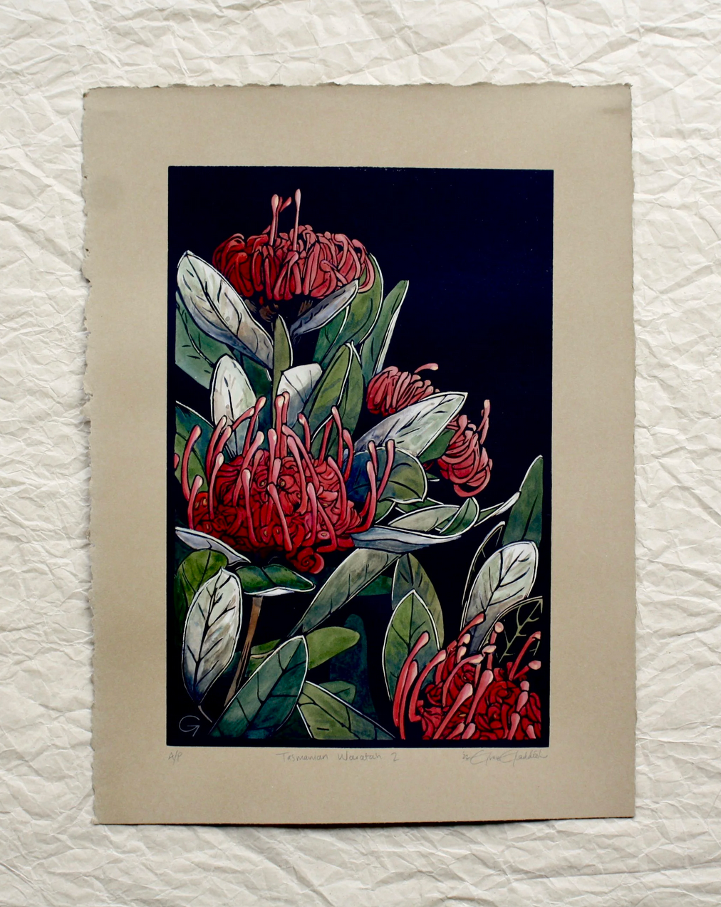 Tasmanian Waratah 2  - original handpainted linoprint artwork by Grace Gladdish