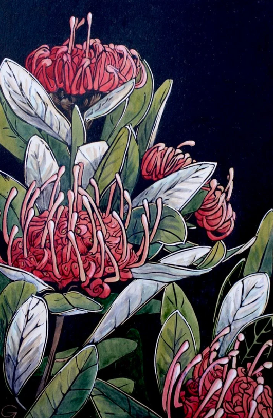 Tasmanian Waratah 2  - original handpainted linoprint artwork by Grace Gladdish