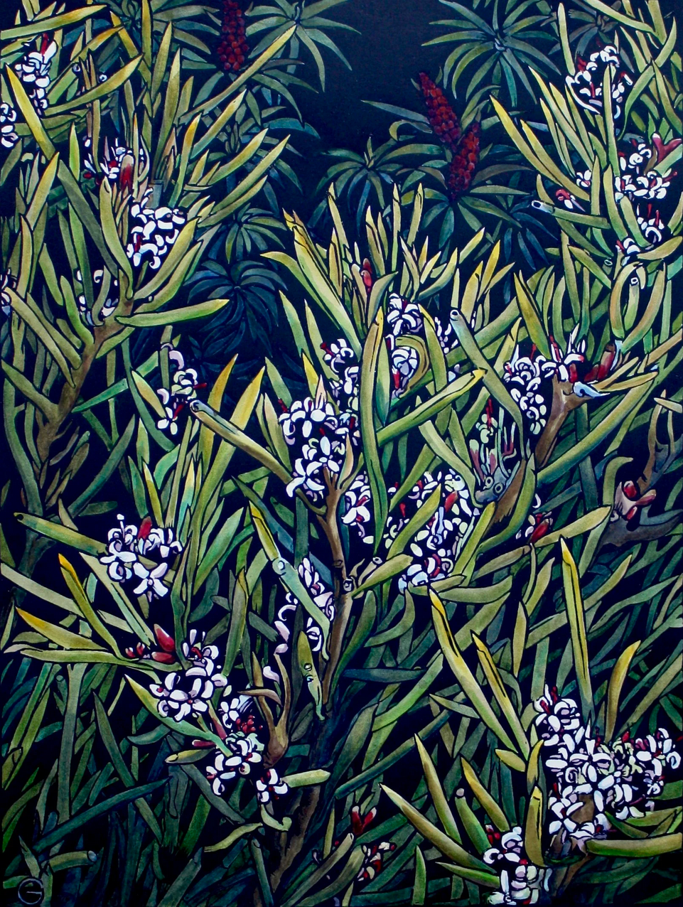 ‘Alpine Summer, Yellow Bush’ - original handpainted linoprint artwork by Grace Gladdish (framed)