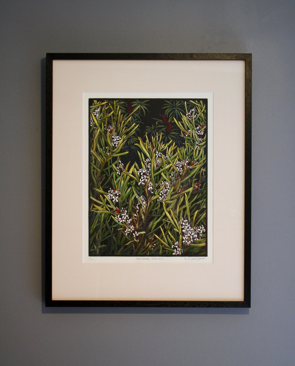 ‘Alpine Summer, Yellow Bush’ - original handpainted linoprint artwork by Grace Gladdish (framed)