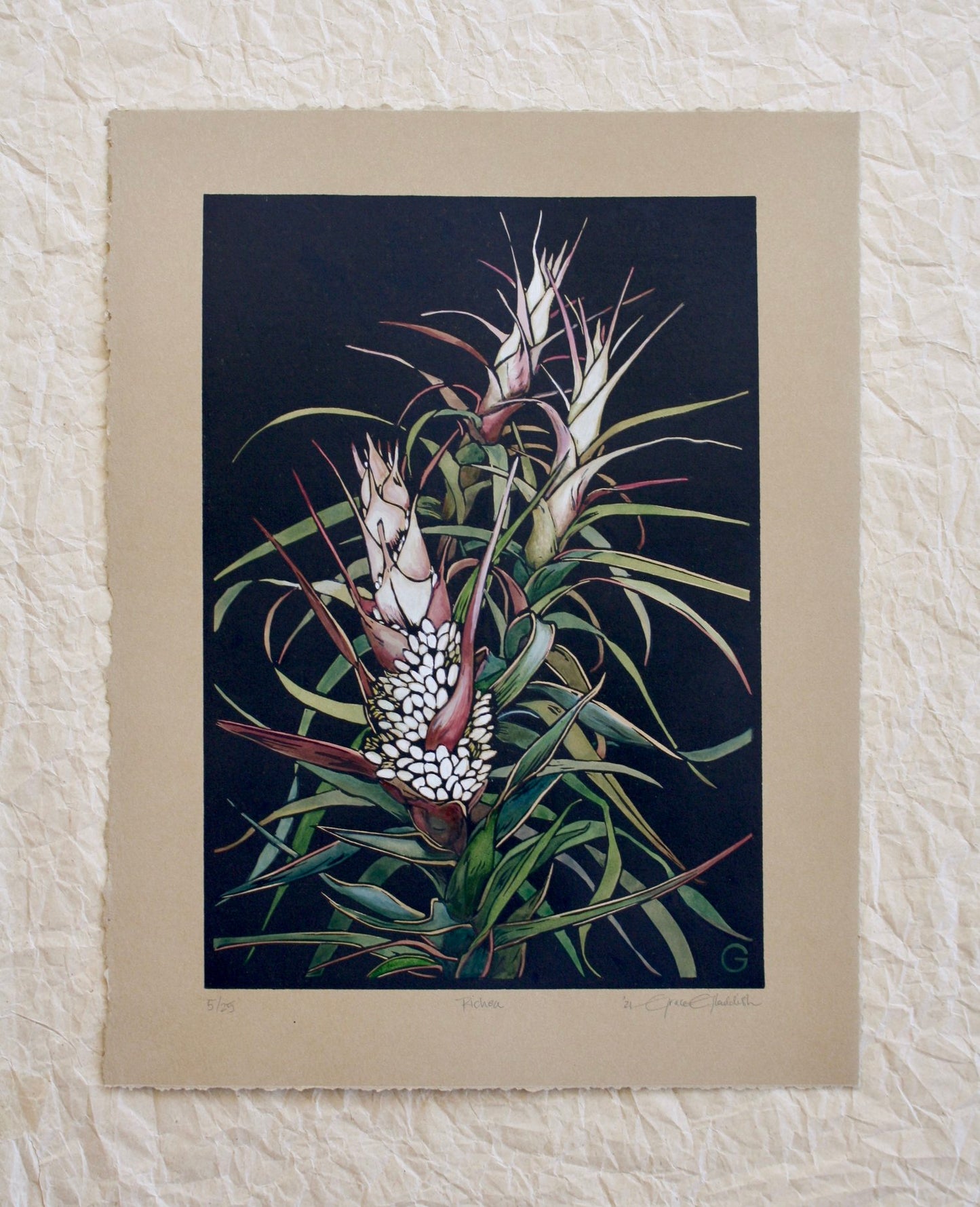 Richea  - original handpainted linoprint artwork by Grace Gladdish