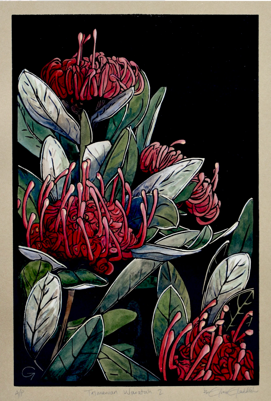 Tasmanian Waratah 2  - original handpainted linoprint artwork by Grace Gladdish