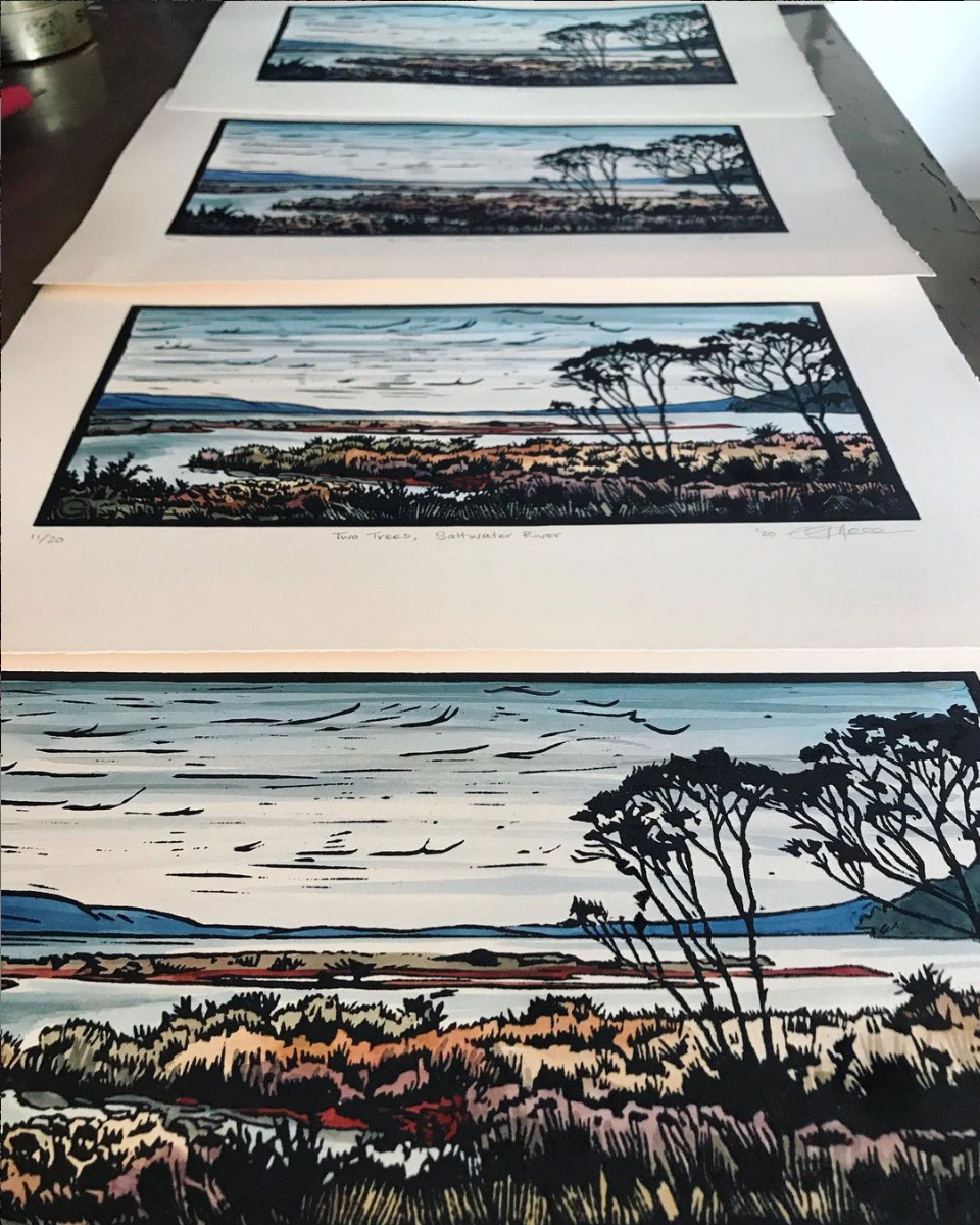 Grace Gladdish - Hand Painted Lino Cut "Two Trees Saltwater River"