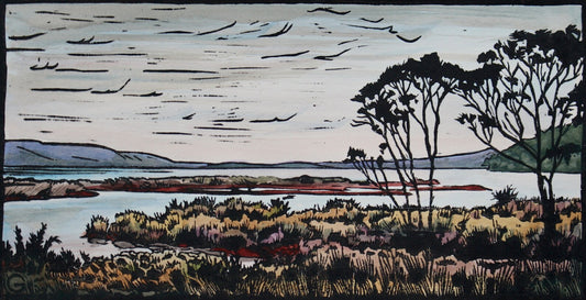 Grace Gladdish - Hand Painted Lino Cut "Two Trees Saltwater River"