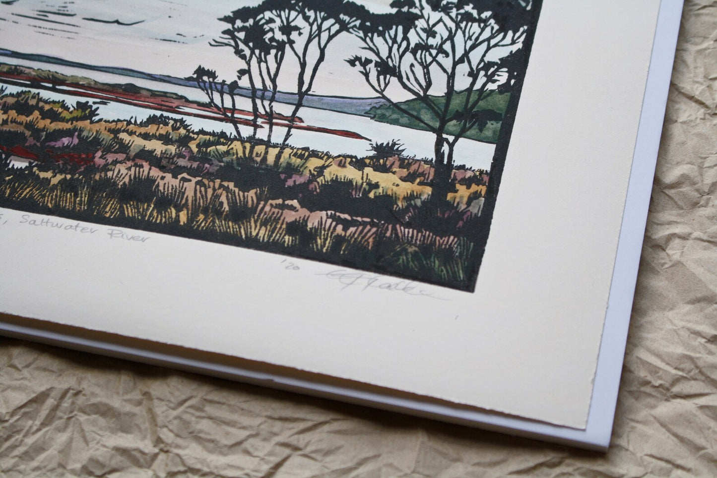 Grace Gladdish - Hand Painted Lino Cut "Two Trees Saltwater River"