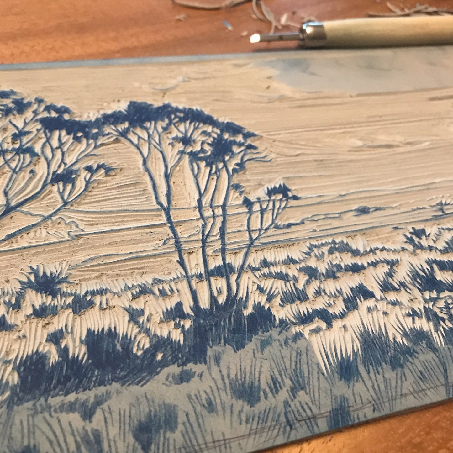 Grace Gladdish - Hand Painted Lino Cut "Two Trees Saltwater River"