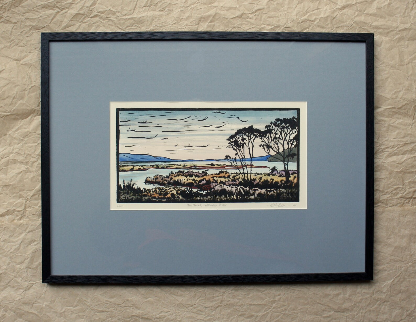 Grace Gladdish - Hand Painted Lino Cut "Two Trees Saltwater River"